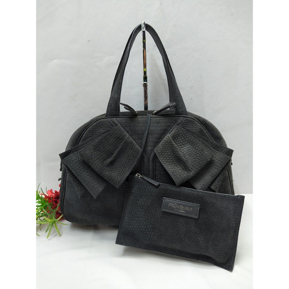 Yves Saint Laurent Obi Bowler Gray Suede Top Handle Satchel Bag With Wallet - Picture 1 of 16